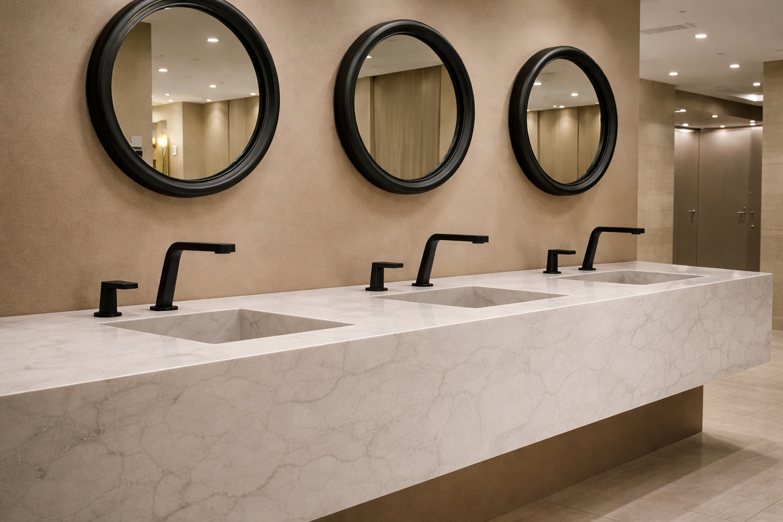Airport restroom with sensor faucets and touchless dispensers